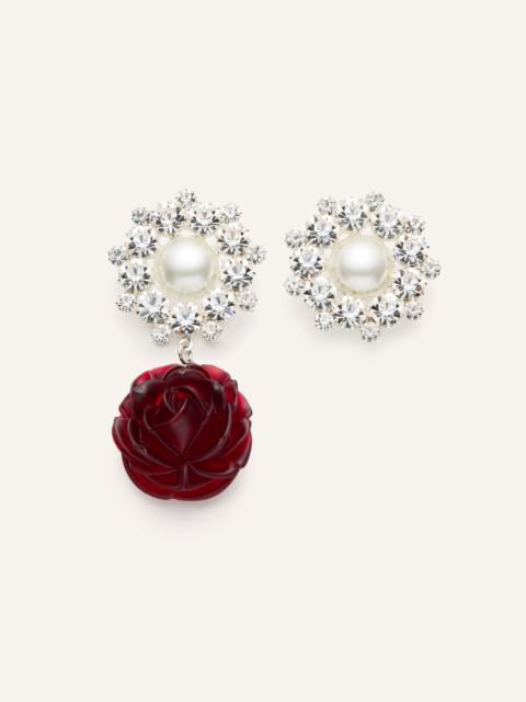 Pearl and crystal cluster earrings with red rose drop