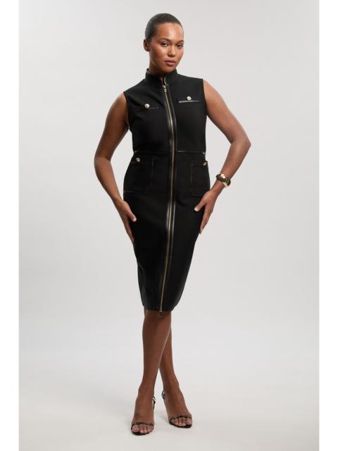 Plus Size Sleeveless Pu Tipped Military Bandage Midi Dress