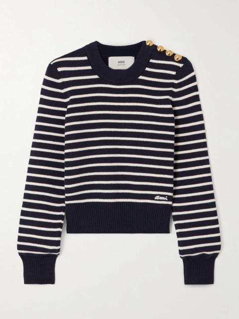 Logo-embroidered striped organic cotton and merino wool-blend sweater
