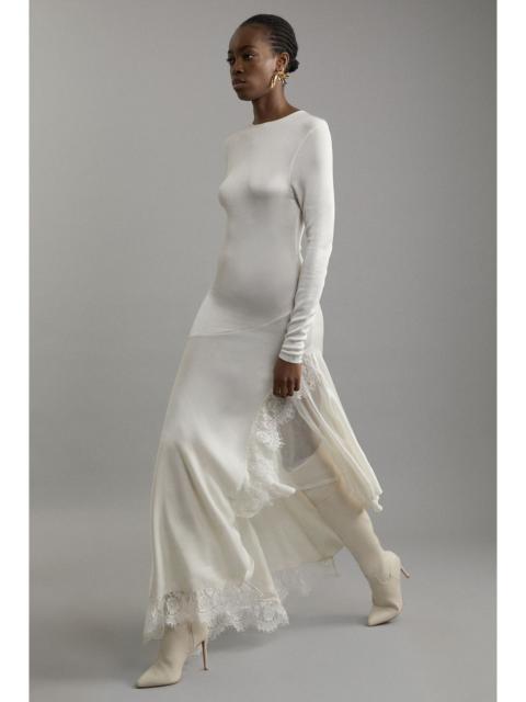 Petite Viscose Blend Slinky Sheer Lace Detail Asymmetric Knit Maxi Dress