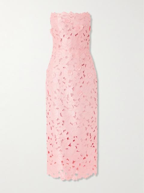 Delmara Strapless Cutout Embroidered Satin Midi Dress