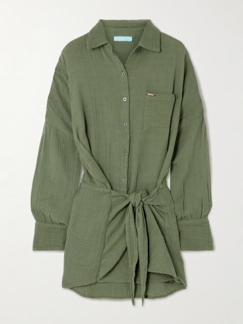 Sara Tie-front Crinkled Cotton-gauze Mini Shirt Dress