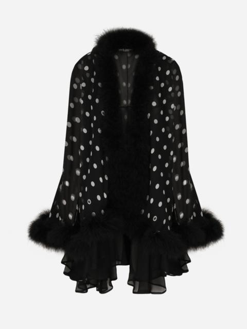 Chiffon cape with polka-dot print and marabou trim
