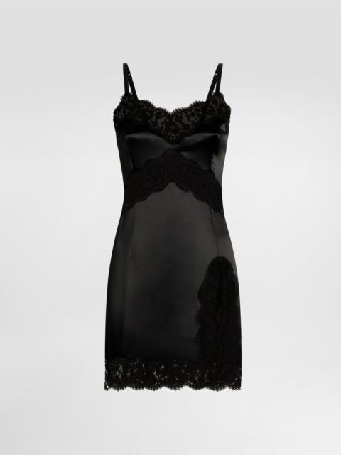 Stretch satin dress with lace details