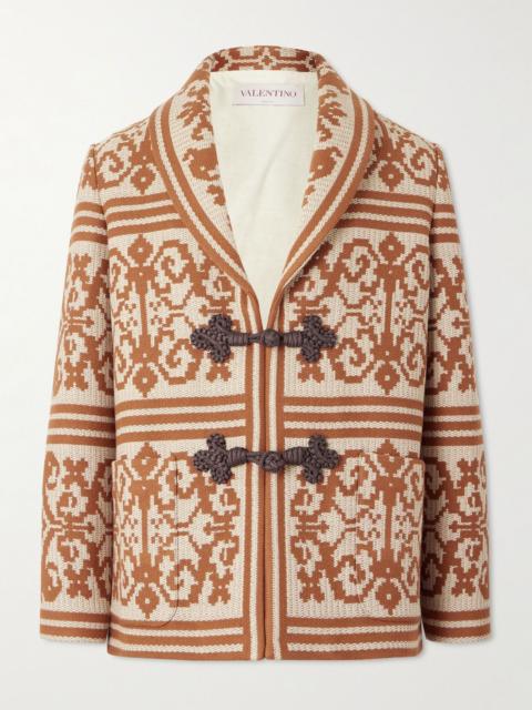 Shawl-Collar Cotton and Linen-Blend Jacquard Cardigan Brown