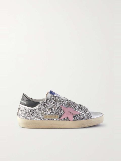 Superstar faux pearl-embellished distressed leather sneakers
