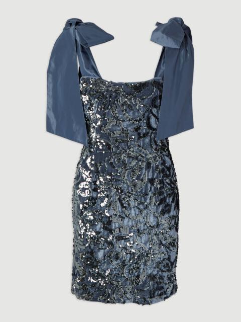 Velvet Sequin Woven Mini Dress With Taffeta Bow Tie Detail