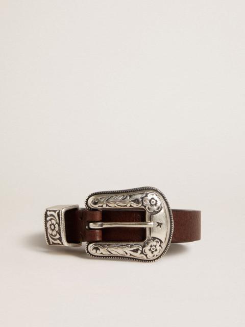 Women's dark brown leather belt with decorated silver buckle
