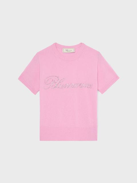 CASHMERE CROPPED SWEATER WITH BLUMARINE RHINESTONE LOGO