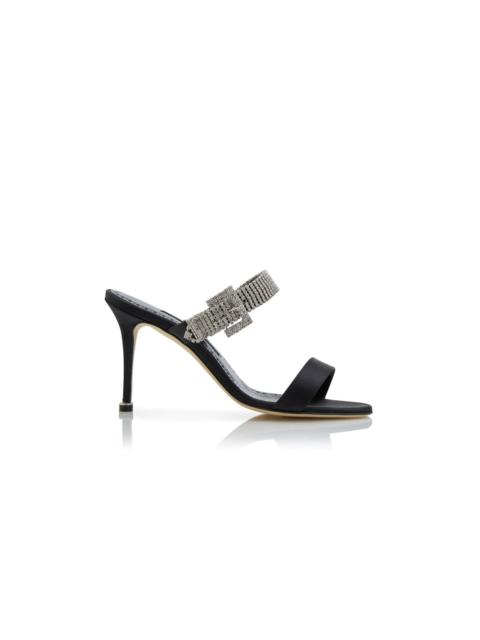 Black Satin Crystal Embellished Strap Mules