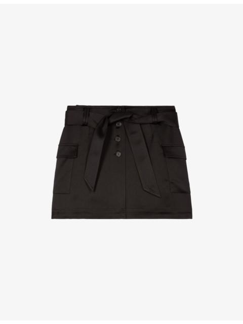 Belted-Waist Side-Pocket Satin Mini Skirt