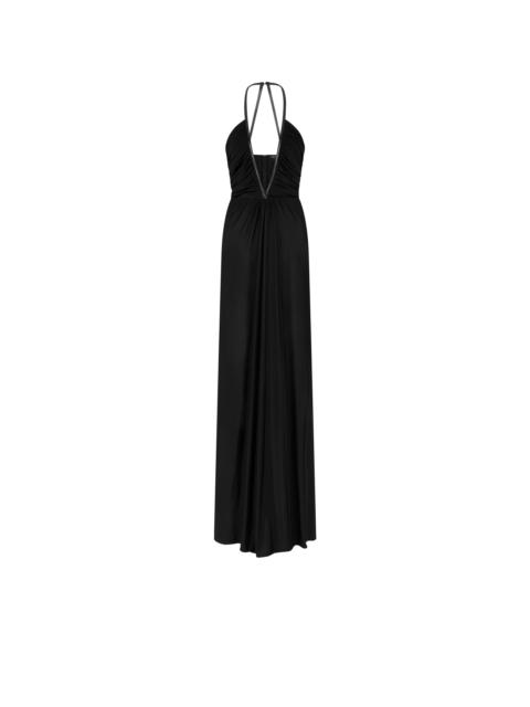 STRETCH JERSEY DEEP V-NECK EVENING DRESS