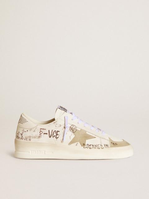 Stardan with beige suede star and toe and all-over lettering and patterns