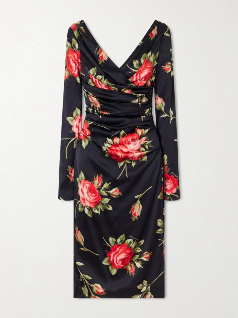 Ruched Floral-printed Satin Midi Dress