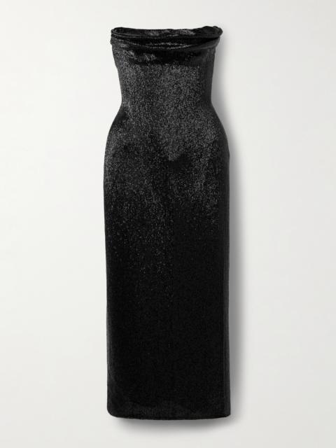 Ivy Draped Strapless Beaded Tulle Midi Dress