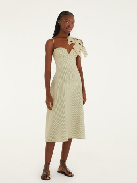 Green Striped 3D Monstera Leaf Euroflax™ Premium Linen Midi Dress