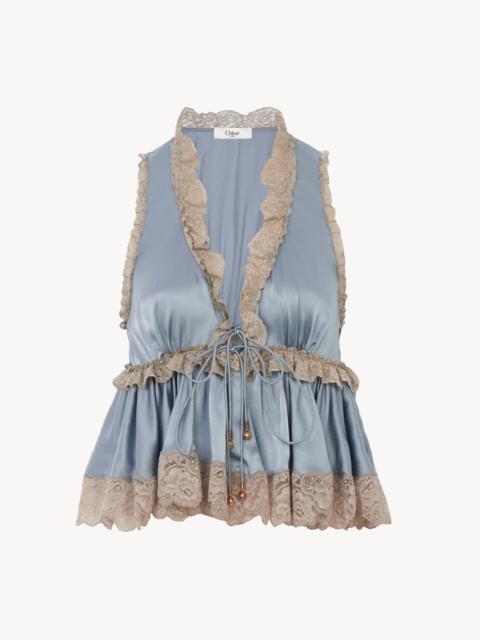 TIE-FRONT SLEEVELESS TOP IN WASHED SILK SATIN & LACE