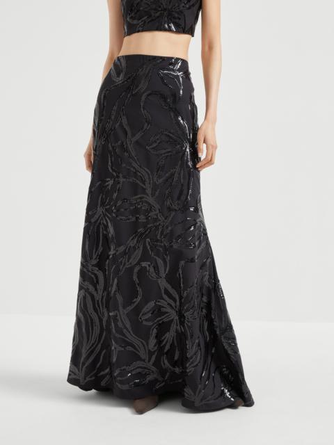 Tropical luxury wool long mermaid skirt with dazzling floral embroidery