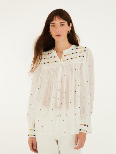 Off-White Embroidered Beads Organic Cotton Long Sleeve Blouse