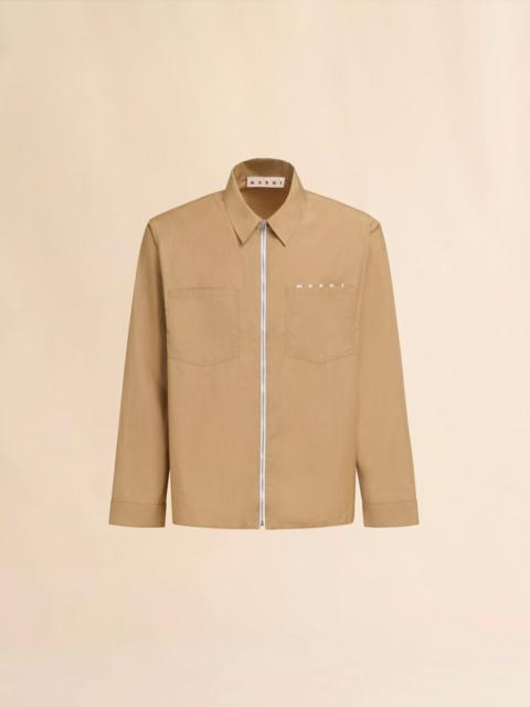 BEIGE ORGANIC POPLIN ZIP SHIRT WITH HIDDEN LOGO