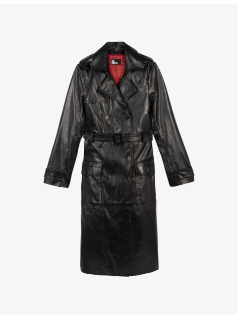 Notched-Lapel Detachable-Belt Regular-Fit Leather Coat