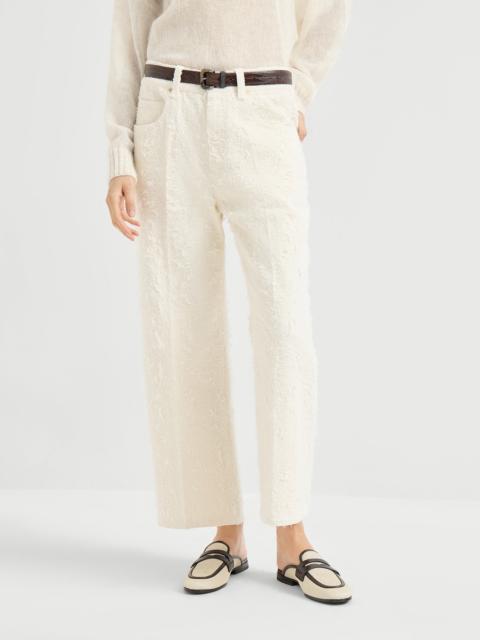 Fuzzy dyed denim contemporary square trousers with monili