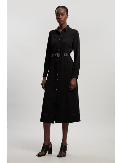 Twill Contrast Woven Midi Shirt Dress