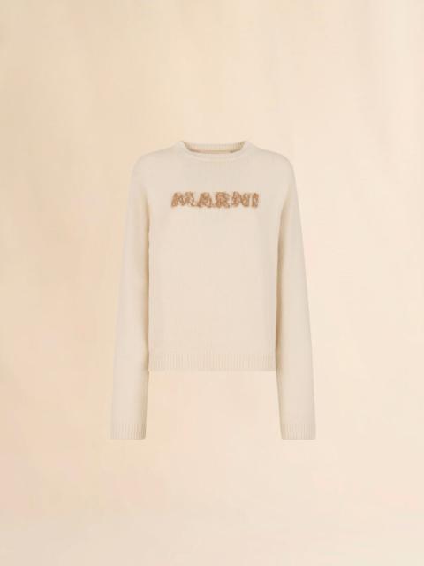 CREAM WOOL SWEATER WITH LASER-CUT MARNI LOGO