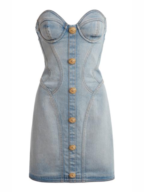 Button-Detailed Denim Bustier Mini Dress blue