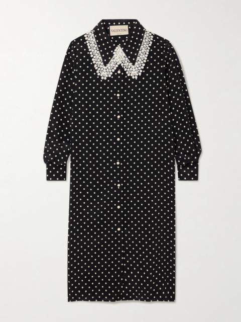 Lace-trimmed Polka-dot Printed Silk Crepe De Chine Midi Dress