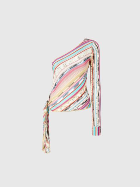 One-shoulder sweater knotted on the side in lamé slub viscose