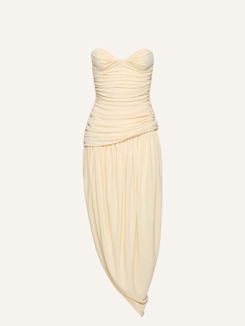 Open-leg draped midi dress in pale yellow
