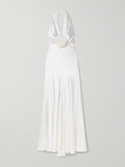 Embellished silk-charmeuse halterneck gown White
