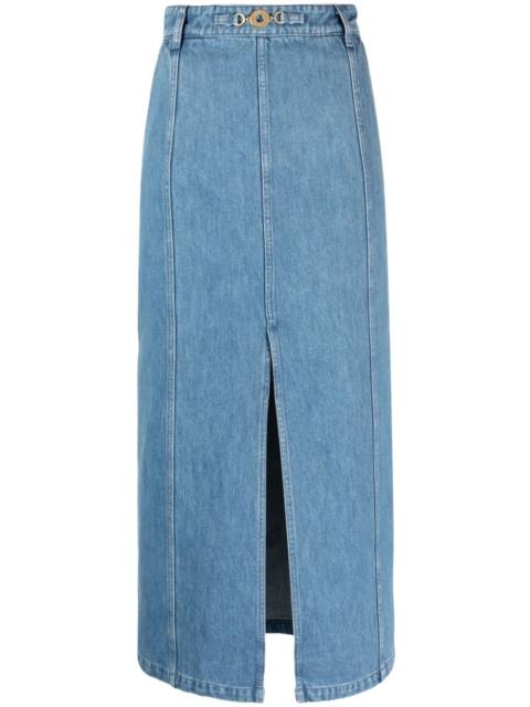 front-slit denim midi skirt