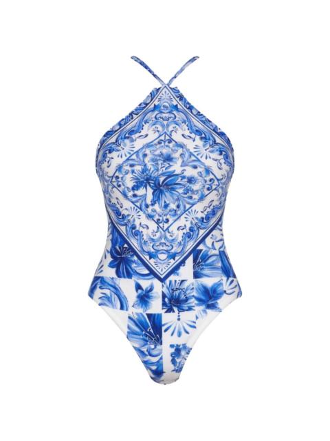 ruffled floral-print swimsuit