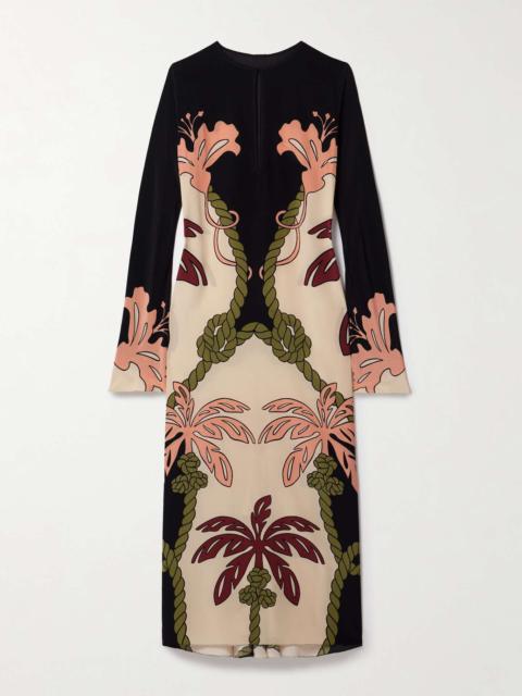 Queen Palm belted printed silk crepe de chine midi dress Black