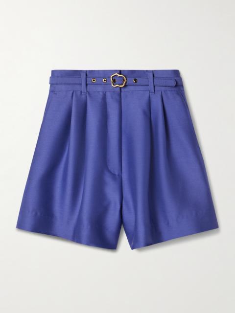Natura Belted Pleated Wool And Silk-blend Shorts