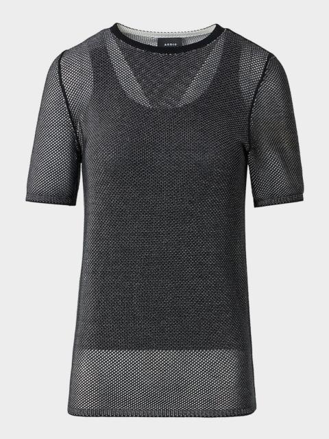 Two-Tone Silk Grif Knit Short-Sleeve Sweater