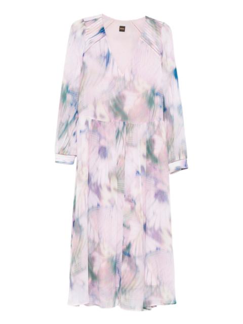 long-sleeve V-neck midi dress