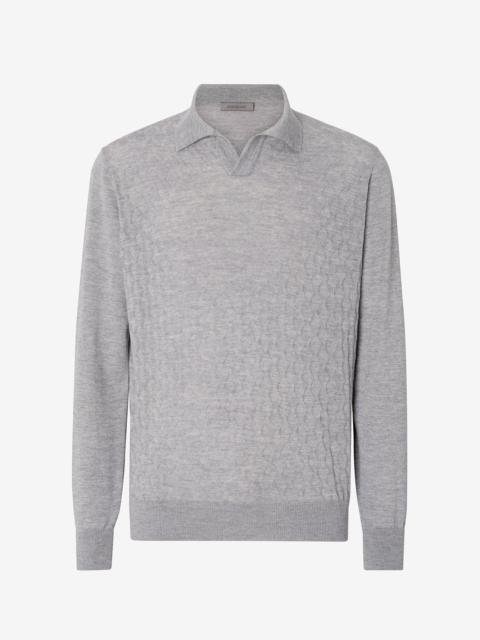 Light grey buttonless extra fine wool polo shirt