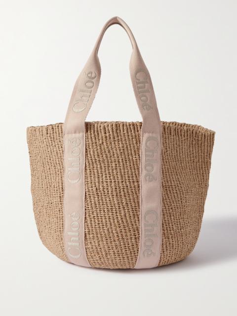 Woody Large Leather-trimmed Raffia Tote