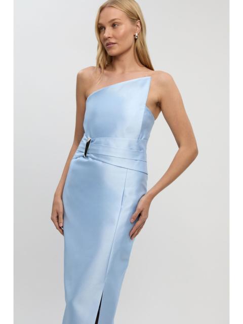 Satin Twill Trim Detail Structured Asymmetric Neck Tailored Midi Dress