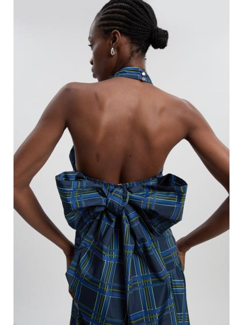 Check Taffeta Cross Front Halter Neck Blouse With Bow Detail