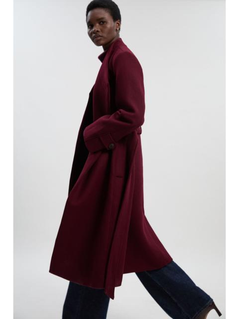 Wool Wrap Neck Tailored Belted Midi Coat