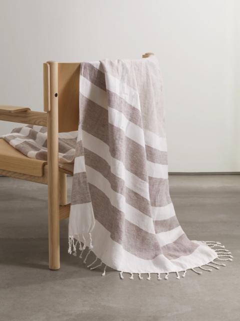 Fringed Striped Linen-blend Blanket