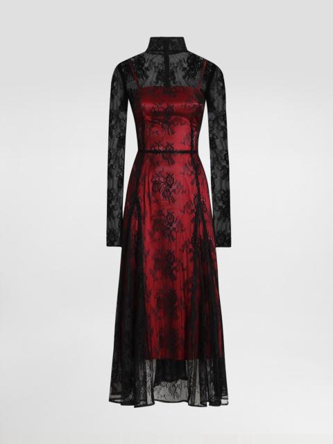 Lace calf-length dress with high neck and contrasting lining