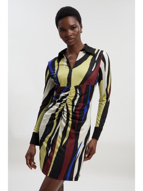 Abstract Zebra Print Ruched Detail Collared Mini Crepe Shirt Dress