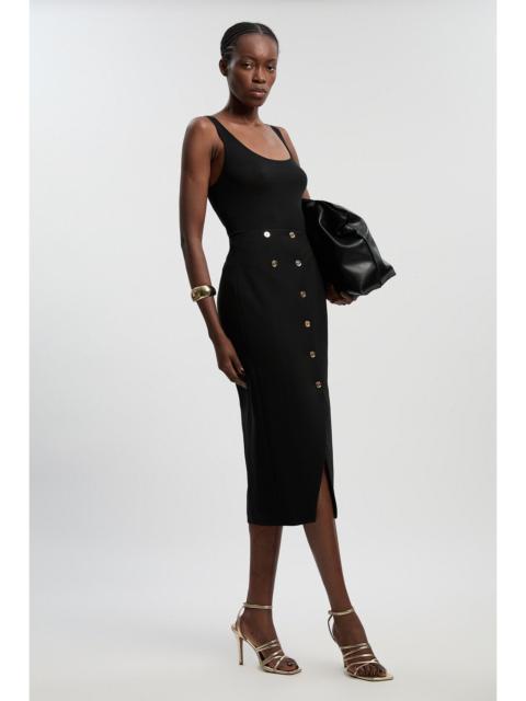Textured Compact Stretch Button Detail Midi Skirt