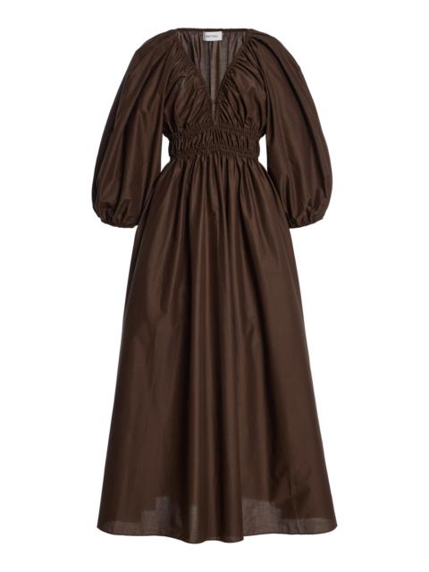 Shirred Cotton Plunge Button Midi Dress brown