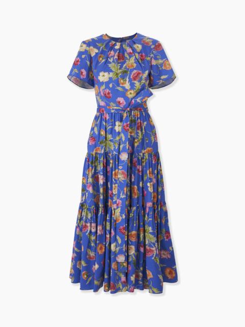 Poppy-Print Tiered Midi Dress with Sash